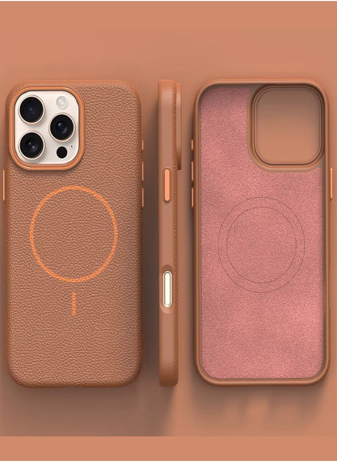 Magsafe Phone Case For iPhone 15 Pro Max With High Quality Rubber Frame And Slim Lychee Pattern Leather Case with Camera Lens Protection Shockproof Cover And support wireless Charging Leather Cover for iPhone 15 Pro Max - Brown