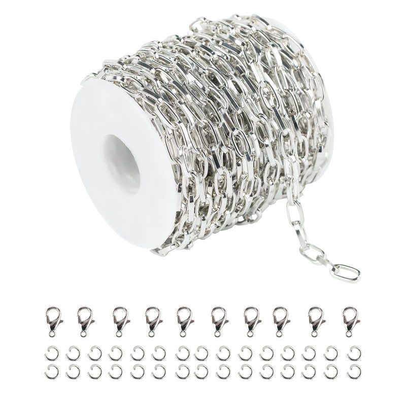 YOUBEIYEE 328 Feet Aluminum Flat Oval Silver Chains for Jewelry Making Unwelded Paperclip Link Cable Chain Spool Necklace Chains Bulk with Lobster Clasps and Jump Rings