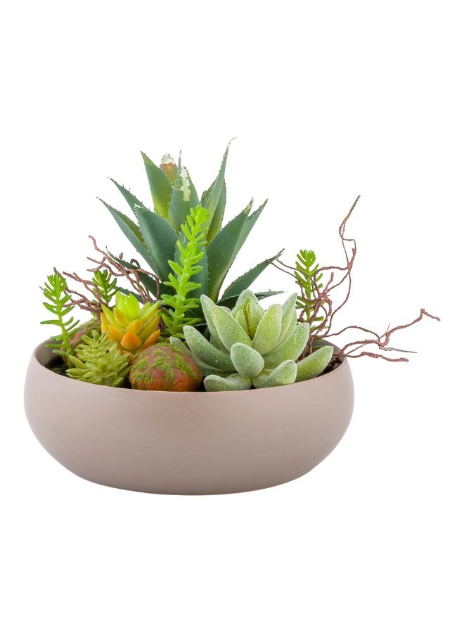Restaurantware 6 x 5.25 Inch Faux Succulent Arrangement, 1 Artificial Succulent - In Helio Porcelain Planter, Use As Table Decor, Shelf Decor, Centerpiece, Taupe Plastic Fake Desk Plant, Round  - Image 2