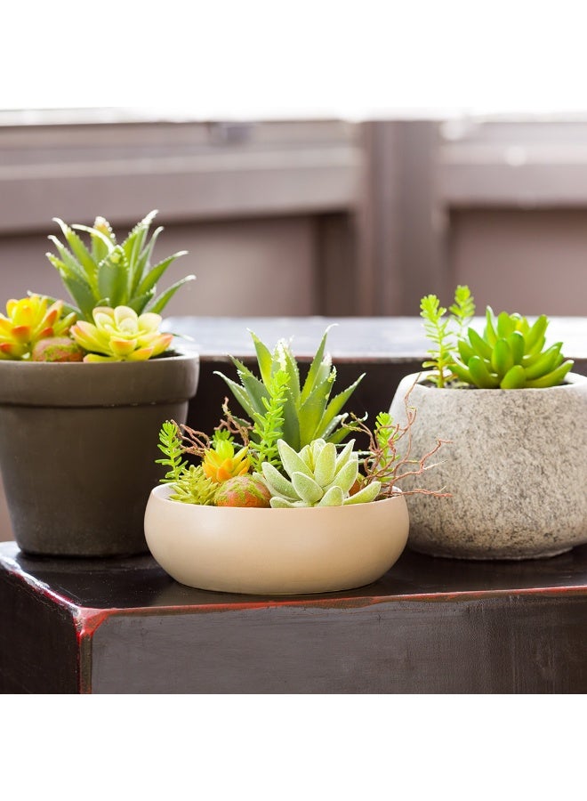 Restaurantware 6 x 5.25 Inch Faux Succulent Arrangement, 1 Artificial Succulent - In Helio Porcelain Planter, Use As Table Decor, Shelf Decor, Centerpiece, Taupe Plastic Fake Desk Plant, Round  - Image 3