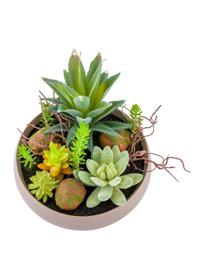 Restaurantware 6 x 5.25 Inch Faux Succulent Arrangement, 1 Artificial Succulent - In Helio Porcelain Planter, Use As Table Decor, Shelf Decor, Centerpiece, Taupe Plastic Fake Desk Plant, Round  - Image 1