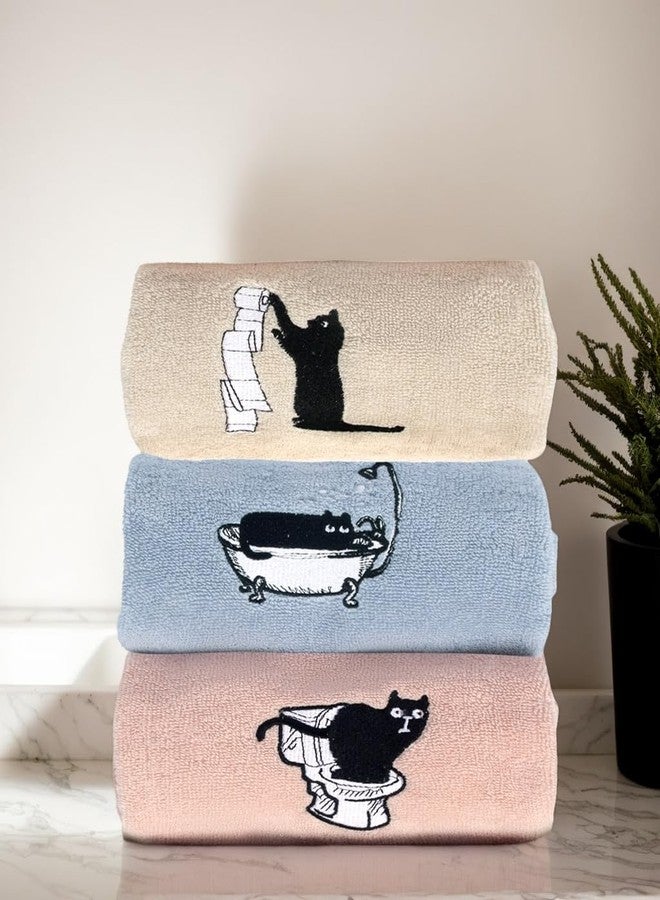 RinRinfam 3Pcs Cute Cat Hand Towels Farmhouse Bathroom Decor Embroidered Decorative Funny Black Cat 100% Cotton Soft Absorbent Towels for Bathroom Kitchen 14x29'' - Image 3