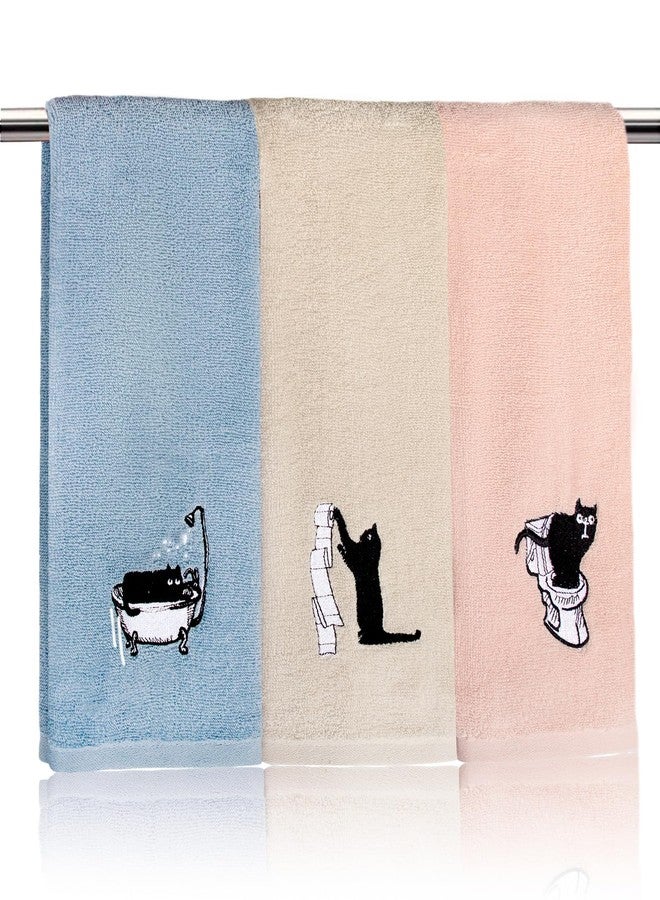 RinRinfam 3Pcs Cute Cat Hand Towels Farmhouse Bathroom Decor Embroidered Decorative Funny Black Cat 100% Cotton Soft Absorbent Towels for Bathroom Kitchen 14x29'' - Image 1