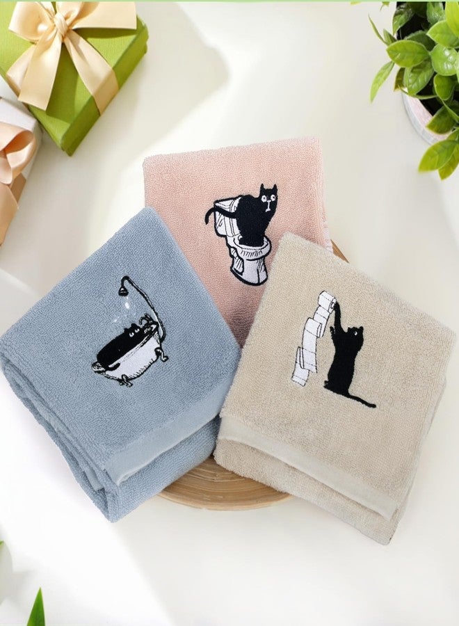 RinRinfam 3Pcs Cute Cat Hand Towels Farmhouse Bathroom Decor Embroidered Decorative Funny Black Cat 100% Cotton Soft Absorbent Towels for Bathroom Kitchen 14x29'' - Image 4