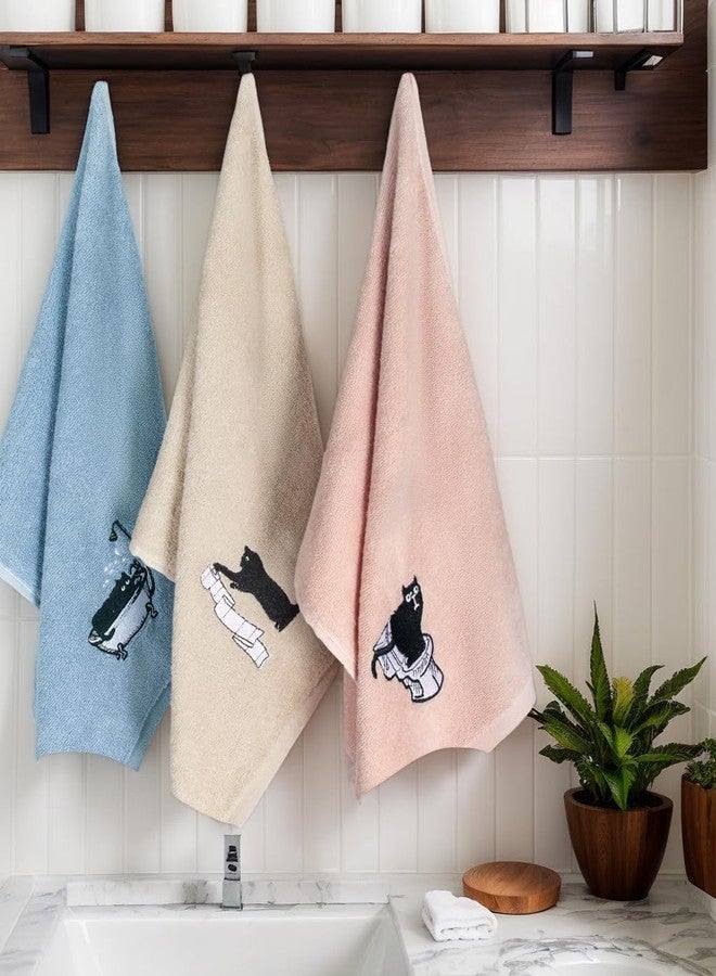 RinRinfam 3Pcs Cute Cat Hand Towels Farmhouse Bathroom Decor Embroidered Decorative Funny Black Cat 100% Cotton Soft Absorbent Towels for Bathroom Kitchen 14x29'' - Image 2