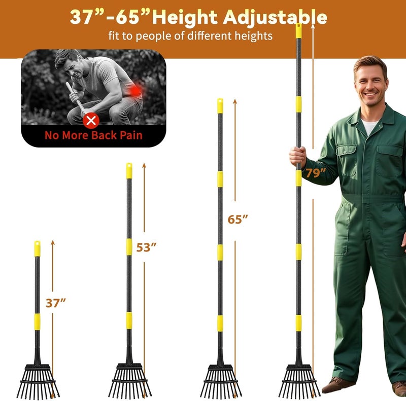Feblomst Garden Rake, Rakes for Lawns Heavy Duty Leaves, Metal Rake with 65” Long Handle and 11 Steel Tines, 9" Wide Small Head Yard Rakes for Shrub, Flower Beds, Quick Clean Up Camping Rake, Kid Child Rake - Image 5
