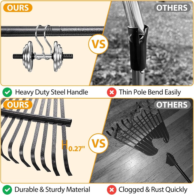 Feblomst Garden Rake, Rakes for Lawns Heavy Duty Leaves, Metal Rake with 65” Long Handle and 11 Steel Tines, 9" Wide Small Head Yard Rakes for Shrub, Flower Beds, Quick Clean Up Camping Rake, Kid Child Rake - Image 2