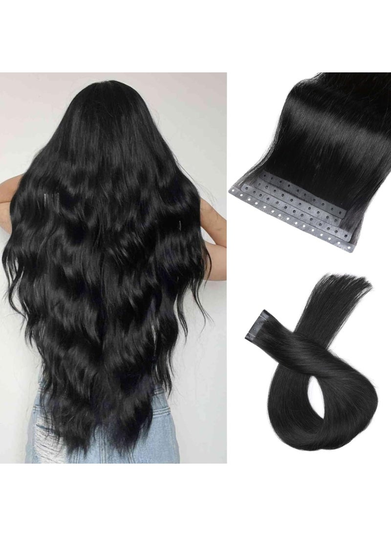 Hanne Fashion - Human Hair Extensions Micro Ring PU Hair Extension Glueless Remy Human Hair Extensions with Holes Natural Black Invisible Skin Weft Tape in Hair Extension for Women 35g 4Pcs20 Inch - Image 1