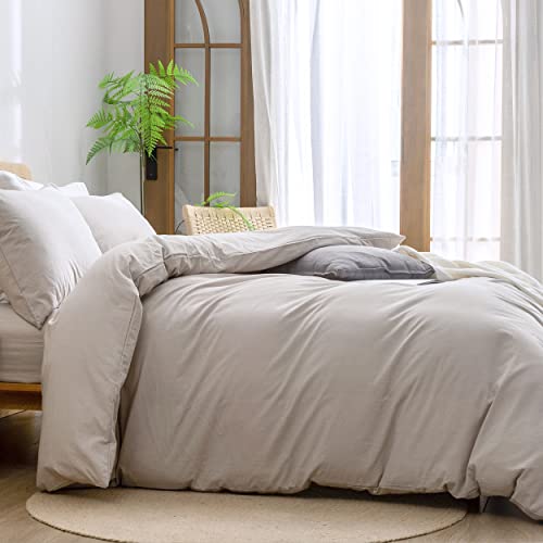 BESTOUCH Duvet Cover Set 100% Washed Cotton Linen Feel Super Soft Comfortable Chic Lightweight 3 PCs Home Bedding Set Solid Linen Grey Queen - Image 3