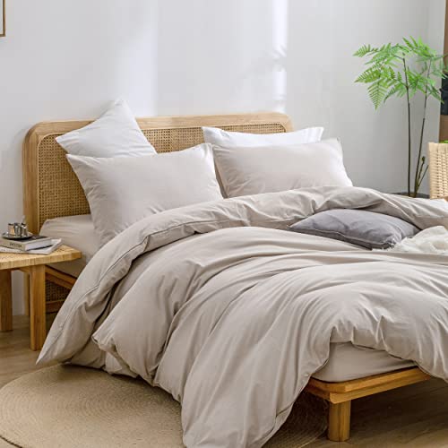 BESTOUCH Duvet Cover Set 100% Washed Cotton Linen Feel Super Soft Comfortable Chic Lightweight 3 PCs Home Bedding Set Solid Linen Grey Queen - Image 5