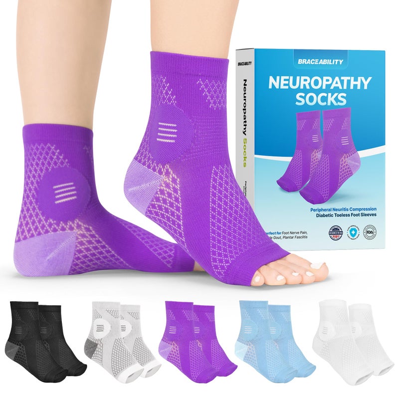 BraceAbility Neuropathy Socks Pair Peripheral Neuritis Compression Diabetic Toeless Foot Sleeves for Nerve Damage Pain in Feet Ankle Gout Plantar Fasciitis Relief Brace for Men and Women L Purple