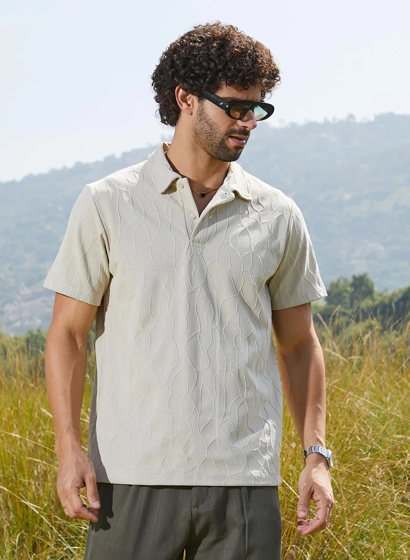 كامبوس سوترا Men's Cream White Veined-Tactile Polo T-Shirt For Casual Wear | Polo Neck | Short Regular Sleeves | Half-Button Closure | T-Shirt Crafted With Comfort Fit For Everyday Wear