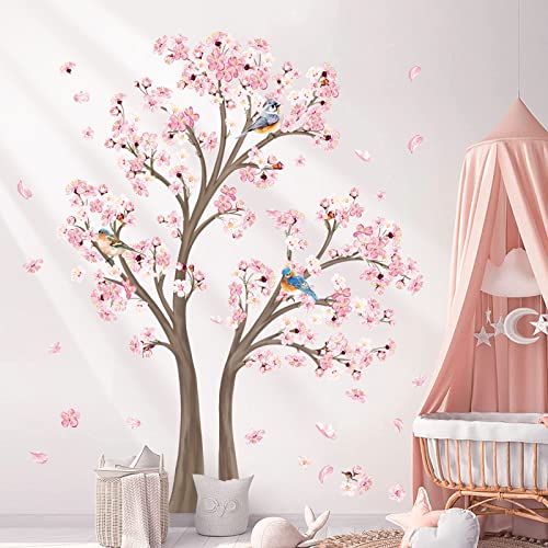 Decalmile Large Cherry Blossom Tree Wall Decals Pink Flower Branch Wall Stickers for Living Room Bedroom Baby Nursery Decor Tree H 67 Inch - Image 1
