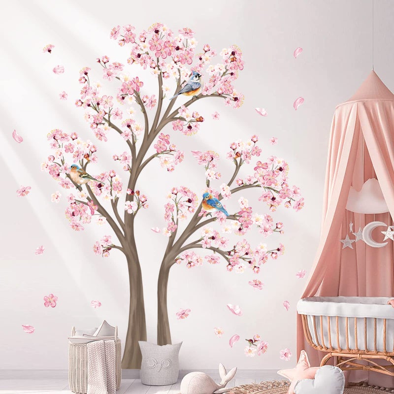 Decalmile Large Cherry Blossom Tree Wall Decals Pink Flower Branch Wall Stickers for Living Room Bedroom Baby Nursery Decor Tree H 67 Inch - Image 2