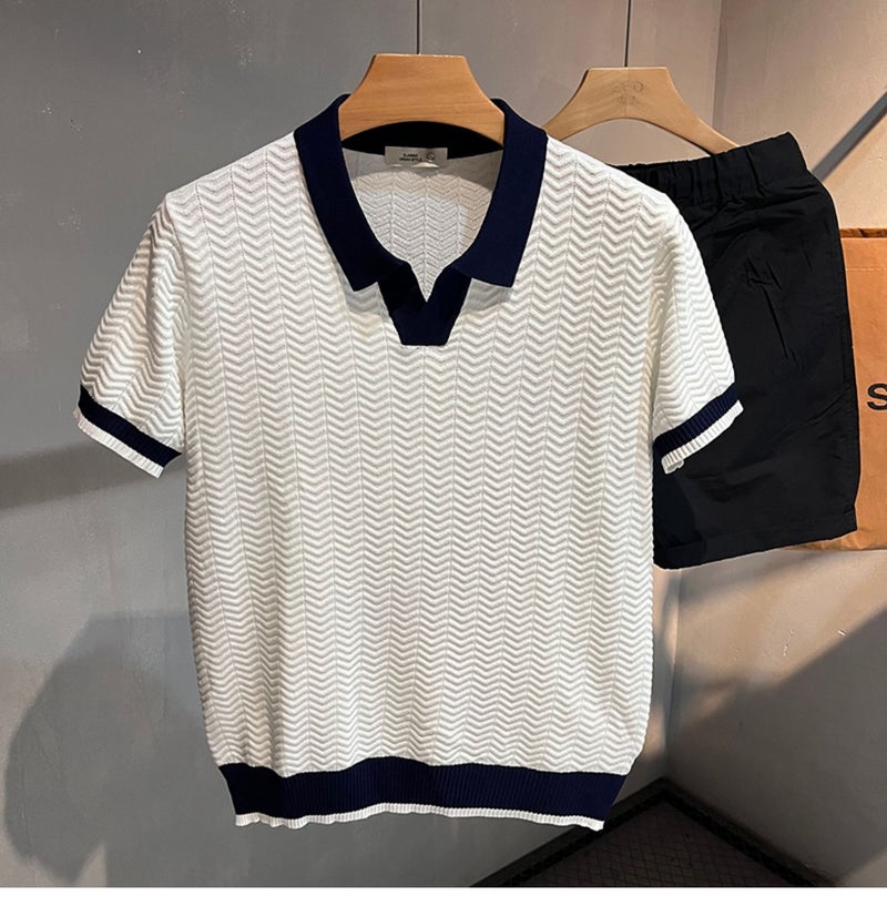 Men's Short Sleeve Polo Shirt Contrast Color Knit Top Casual Business Summer T-Shirt - Image 3