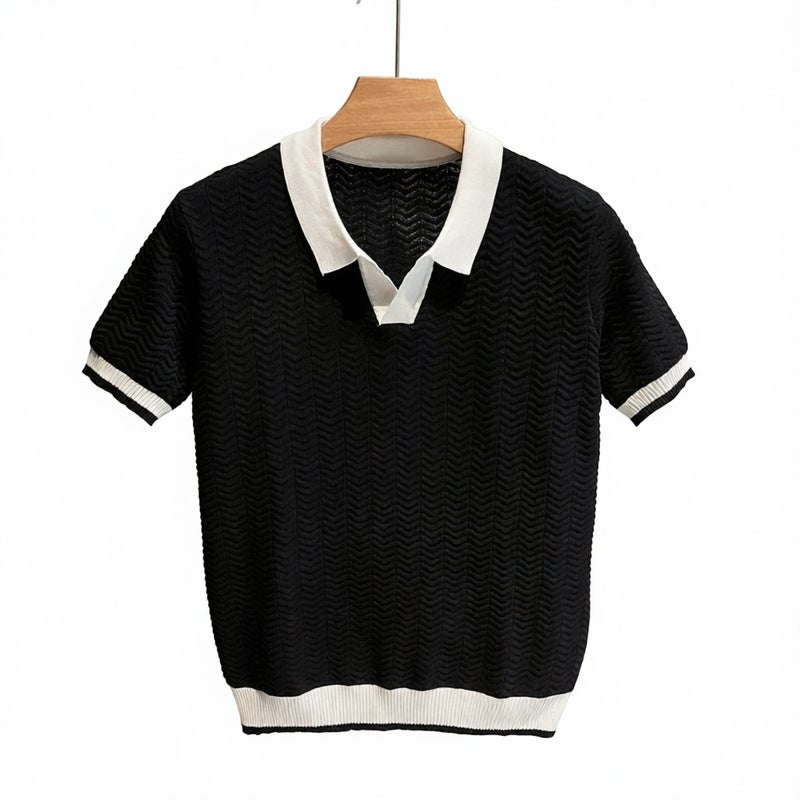 Men's Short Sleeve Polo Shirt Contrast Color Knit Top Casual Business Summer T-Shirt - Image 1