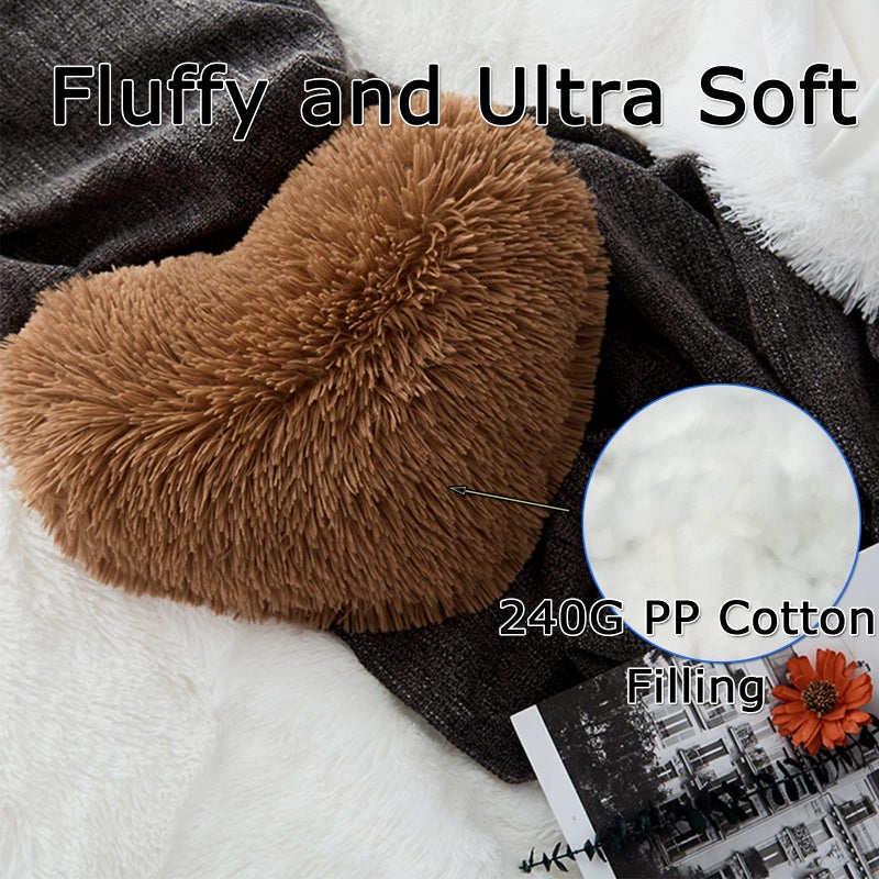 Morromorn Fluffy Heart Throw الوسائد أشعث وسادة زخرفية للأريكة أريكة أريكة سرير لطيف ديكور الهدايا للنساء الفتيات - ديكورات لعيد الميلاد يوم الأم عيد الميلاد (بني) - Image 4
