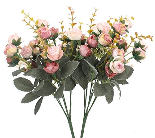 Duovlo 7 Branch 21 Mini Rose Heads Artificial Flowers Bouquet Wedding Home Office Decor,Pack of 2 (2 PCS Pink) - Image 1