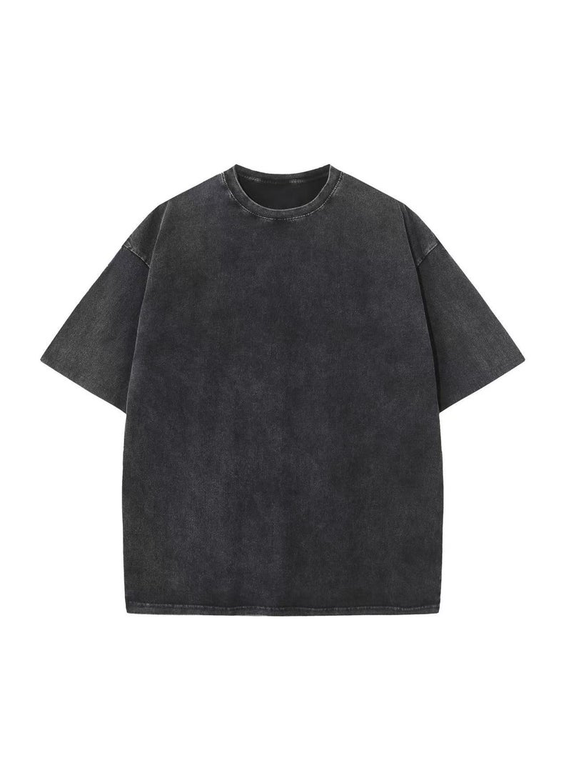 Generic - 230g Pure Cotton Oversize American Style Vintage Trendy Brand Wax-Stained Distressed T-Shirt For Men From China Mainland Black - Image 1