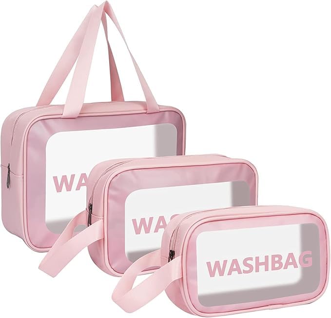 RIVOM Multipurpose Clear washbag Pouch Set of 3 Clear Pouch for Makeup and wash Bag for Travel Waterproof Cosmetic Bag Storage Organiser and Toiletry kit Pink - Image 1