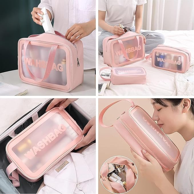 RIVOM Multipurpose Clear washbag Pouch Set of 3 Clear Pouch for Makeup and wash Bag for Travel Waterproof Cosmetic Bag Storage Organiser and Toiletry kit Pink - Image 5