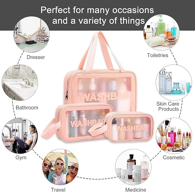 RIVOM Multipurpose Clear washbag Pouch Set of 3 Clear Pouch for Makeup and wash Bag for Travel Waterproof Cosmetic Bag Storage Organiser and Toiletry kit Pink - Image 4