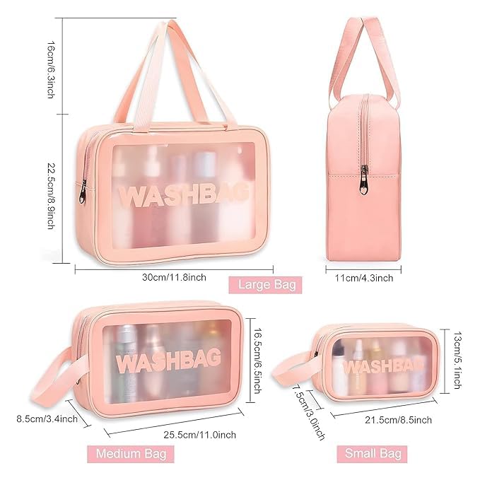 RIVOM Multipurpose Clear washbag Pouch Set of 3 Clear Pouch for Makeup and wash Bag for Travel Waterproof Cosmetic Bag Storage Organiser and Toiletry kit Pink - Image 2