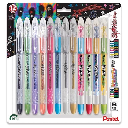 Pentel Sparkle and Krazy Pop Metallic Gel Ink Pen 10mm Bold Line Assorted Ink Colors 12 count K91BP12M - Image 1