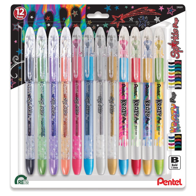 Pentel Sparkle and Krazy Pop Metallic Gel Ink Pen 10mm Bold Line Assorted Ink Colors 12 count K91BP12M - Image 2