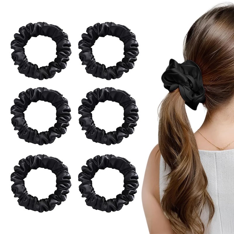 Multibrite Black Satin Scrunchies, No Crease Hair Ties for Thick & Thin Hair, Soft Elastic Hair Rubber, Stretchable Ponytail Holder, Hair Accessories for Women & Girls (Pack of 6) - Image 1