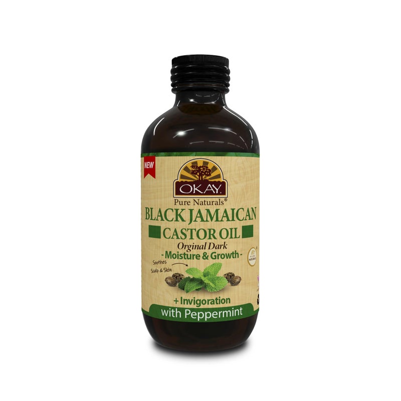 Okay Pure Naturals Black Jamaican Castor Oil - Castor Oil for Hair Growth, Moisture for Skin, Face, Scalp, Eyelashes, Eyebrows - Hair Oil for Men & Women - Peppermint, 4 oz Glass Bottle - Image 1