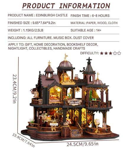 Spilay DIY Miniature House Kit Edinburgh Castle Dollhouse with Music Box and Dust Cover 3D Wooden Puzzle Book Nook Kit for Adult Creative Bookshelf DecorUnique Gift for Teens Book Lovers - Image 5