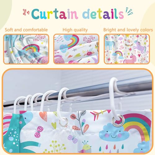 KINUUIS Unicorn Bathroom Set Colorful Pink 4 Pcs Shower Curtain Sets with Non-Slip Rugs Toilet Lid Cover and Bath Mat Set, Girls Ttoddler Bathroom Decor with 12 Hooks - Image 4