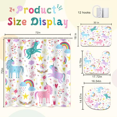KINUUIS Unicorn Bathroom Set Colorful Pink 4 Pcs Shower Curtain Sets with Non-Slip Rugs Toilet Lid Cover and Bath Mat Set, Girls Ttoddler Bathroom Decor with 12 Hooks - Image 2