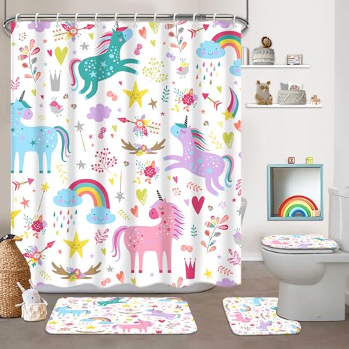 KINUUIS Unicorn Bathroom Set Colorful Pink 4 Pcs Shower Curtain Sets with Non-Slip Rugs Toilet Lid Cover and Bath Mat Set, Girls Ttoddler Bathroom Decor with 12 Hooks - Image 1
