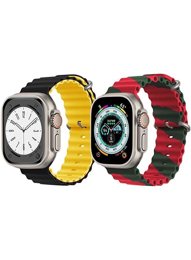 IAF Silicone Ocean Band Strap for Apple Watch Ultra 8 49mm Black/Yellow Double Side Strap with Red/Green Double Line Strap Set of 2