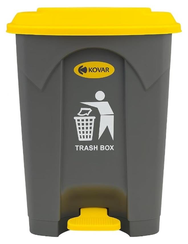 KOVAR Trash Box Step-On Waste Bin, Grey with Yellow Lid, Foot Pedal Operation (20L) - Image 1