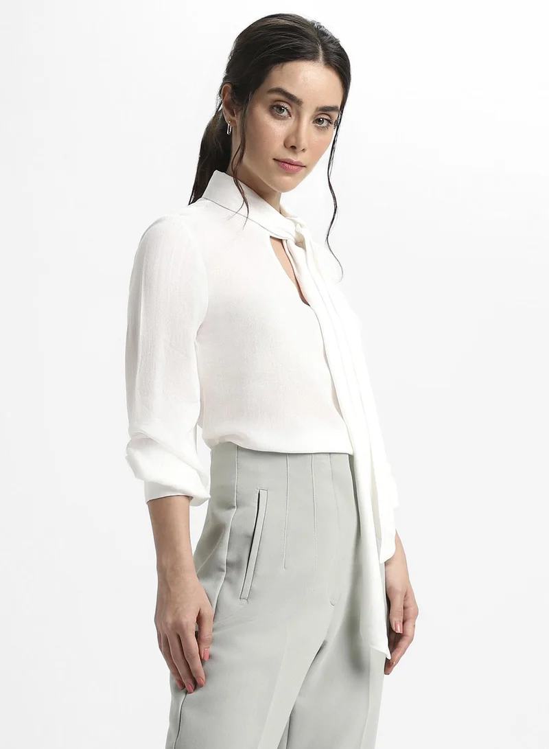 Dennis Lingo Women's Off White Viscose Moss Solid Pattern Regular Fit Tops