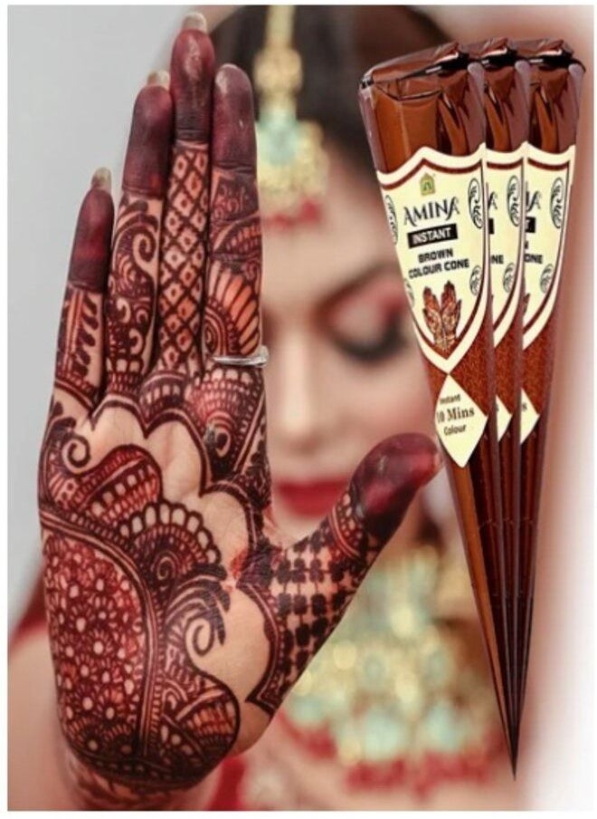 أمينا - تاتو فوري للحناء العضوي أمينة حنة مهندي مخروط بني 3 قطع × 25 جم - Image 1