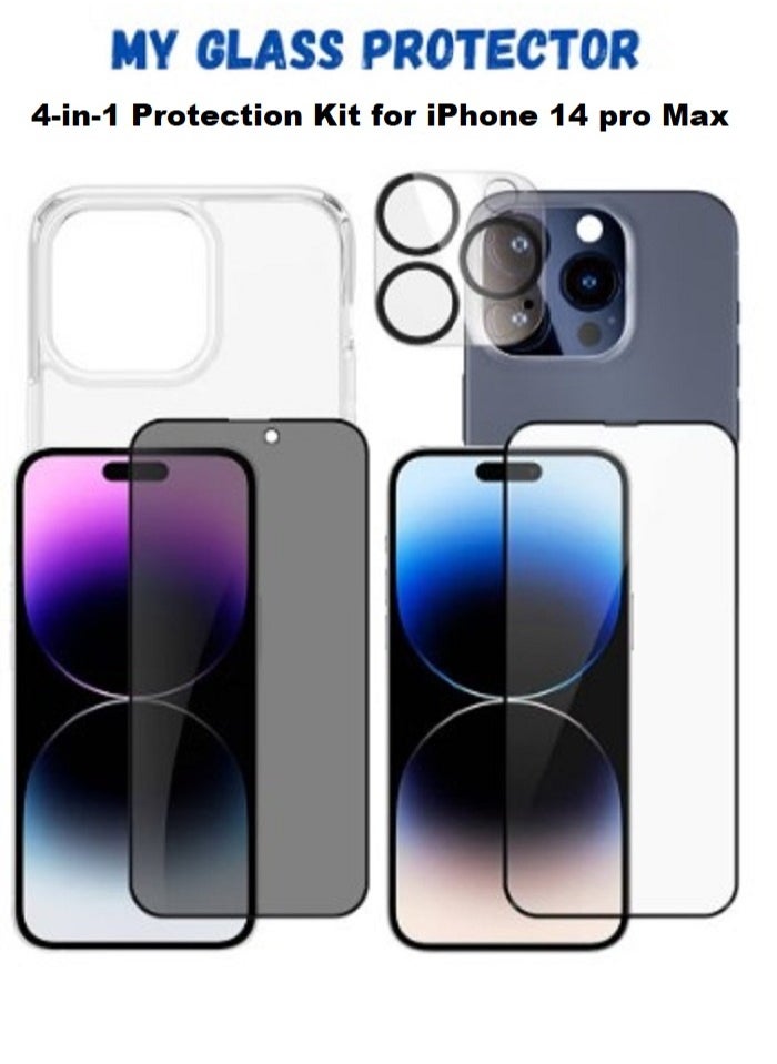Generic - 4 in 1 Protection Pack for Apple iPhone 14 Pro Max - Screen Protector, Privacy Screen Protector , Camera Lens Protector and Case Cover - Image 1