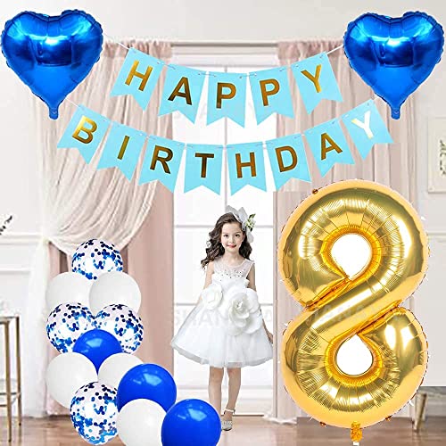 SHANAYA Happy Birthday Decorations For Girls Boys Husband Wife Combo Items Kit -42Pcs Set Blue Gold Happy Birthday Paper Banner White Metallic Balloons Star Heart Number 8 Foil Baloons Party Supplies - Image 1
