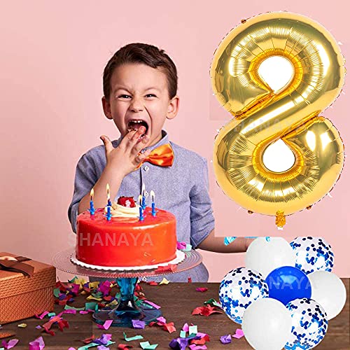 SHANAYA Happy Birthday Decorations For Girls Boys Husband Wife Combo Items Kit -42Pcs Set Blue Gold Happy Birthday Paper Banner White Metallic Balloons Star Heart Number 8 Foil Baloons Party Supplies - Image 4