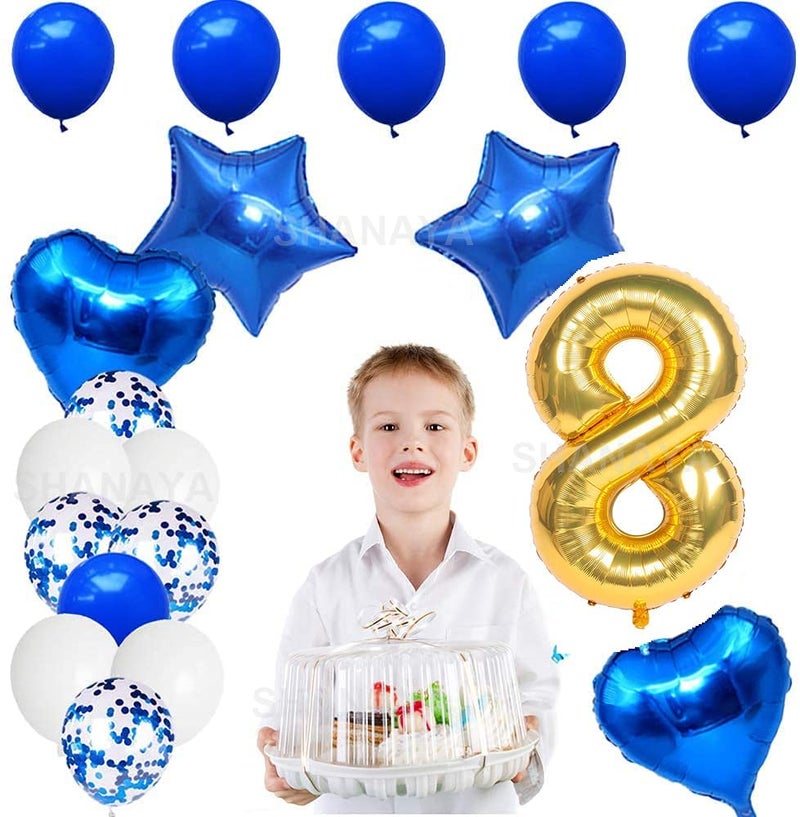 SHANAYA Happy Birthday Decorations For Girls Boys Husband Wife Combo Items Kit -42Pcs Set Blue Gold Happy Birthday Paper Banner White Metallic Balloons Star Heart Number 8 Foil Baloons Party Supplies - Image 3