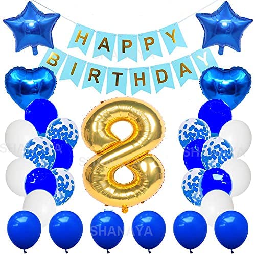SHANAYA Happy Birthday Decorations For Girls Boys Husband Wife Combo Items Kit -42Pcs Set Blue Gold Happy Birthday Paper Banner White Metallic Balloons Star Heart Number 8 Foil Baloons Party Supplies - Image 2