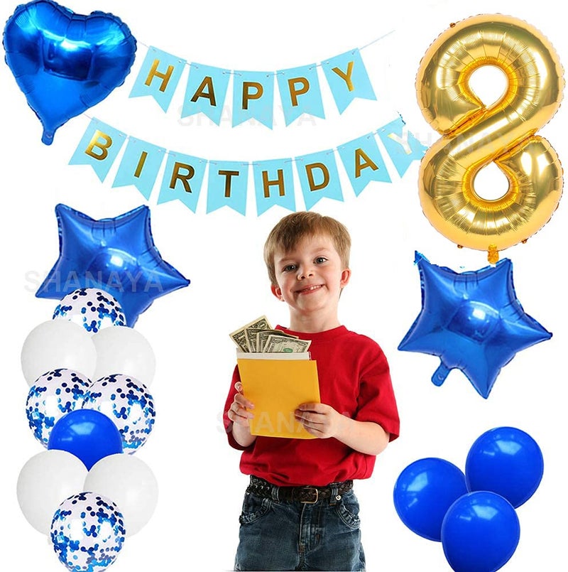 SHANAYA Happy Birthday Decorations For Girls Boys Husband Wife Combo Items Kit -42Pcs Set Blue Gold Happy Birthday Paper Banner White Metallic Balloons Star Heart Number 8 Foil Baloons Party Supplies - Image 5