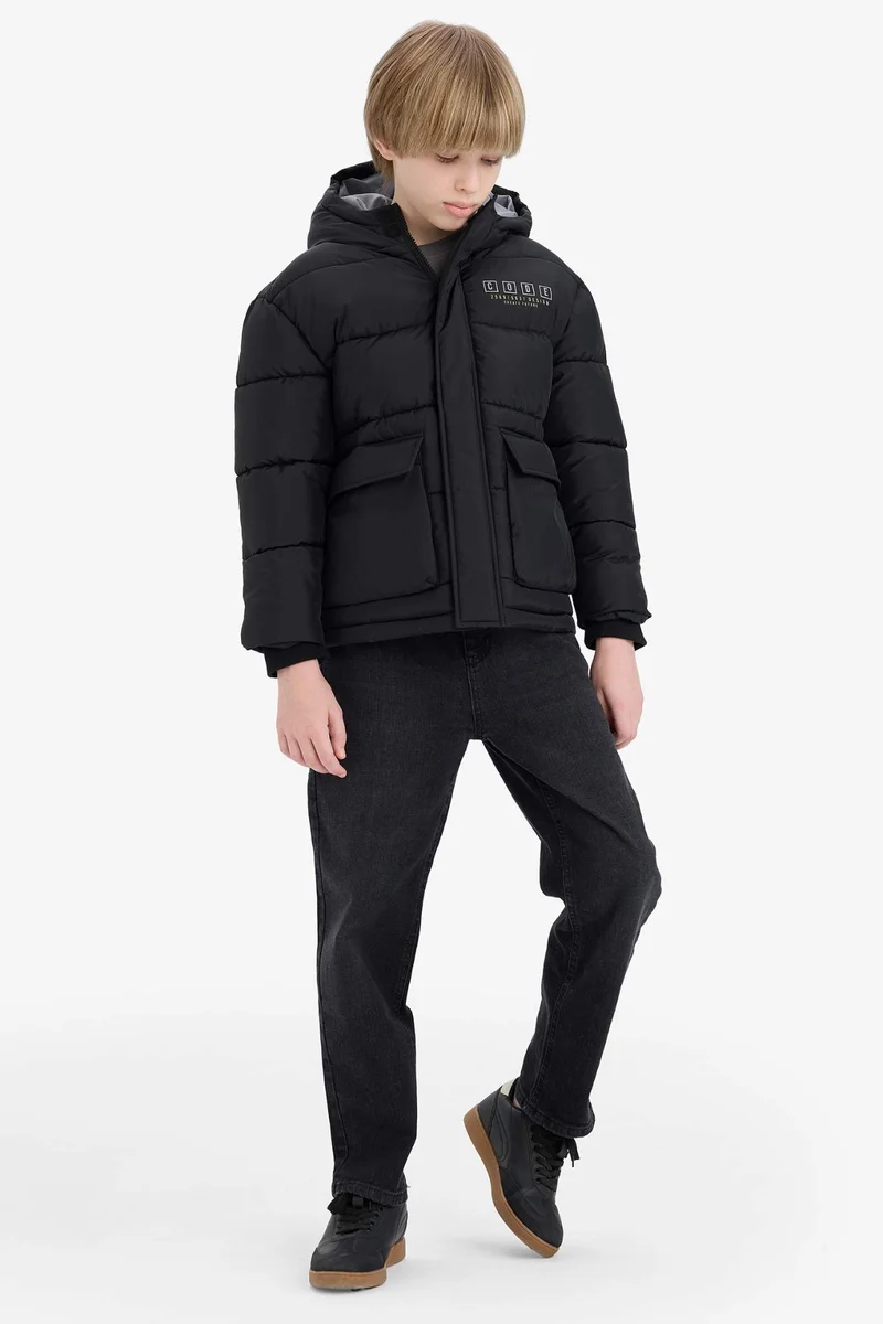 ديفاكتو Boy Hooded Water Repellent Printed Hooded Puffer Jacket