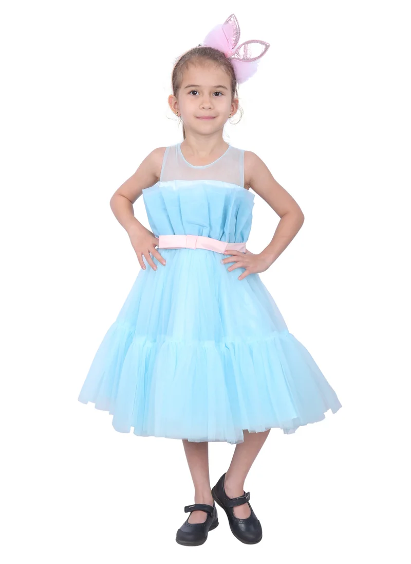 دىدانيالا D' Daniela - Toddler Girls Bow Front Ruffle Hem Mesh Gown Dress Blue Pink TI