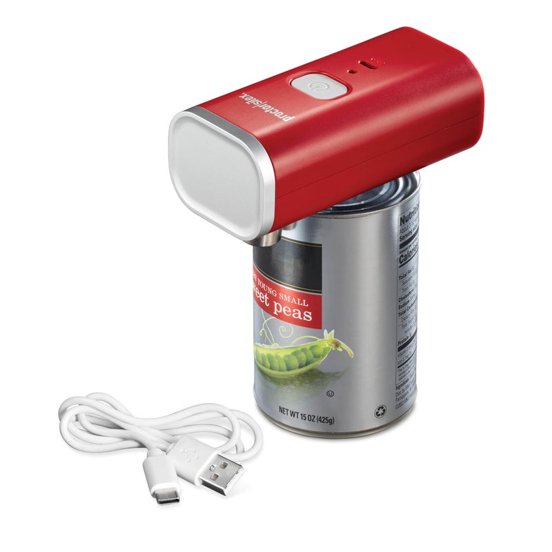 Proctor Silex Automatic Electric Can Opener Hands Free Cordless Operation  USB Rechargeable SelfAligning Cut Smooth Touch Lid Edges Compact and Easy to Store Red