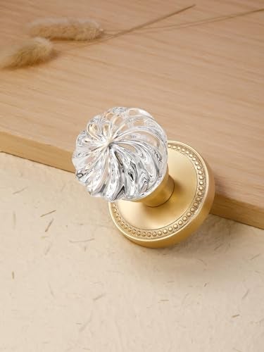 SORWDUERM 2 Pack Crystal Door Knobs Gold Door Knob Dummy Door Knobs Brushed Gold Glass Interior Satin Brass Dummy Handle Single Sided Decorative - Image 3