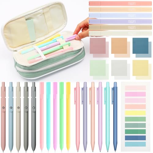 Lincia 30 Pcs Aesthetic School Supplies with Pencil Case 6 Mechanical Pencil 5 Ballpoint Pen 5 Quick Dry Pen 6 Pastel Highlighter Transparent Sticky Index Tab for Student Stationary Essentials(Green) - Image 1